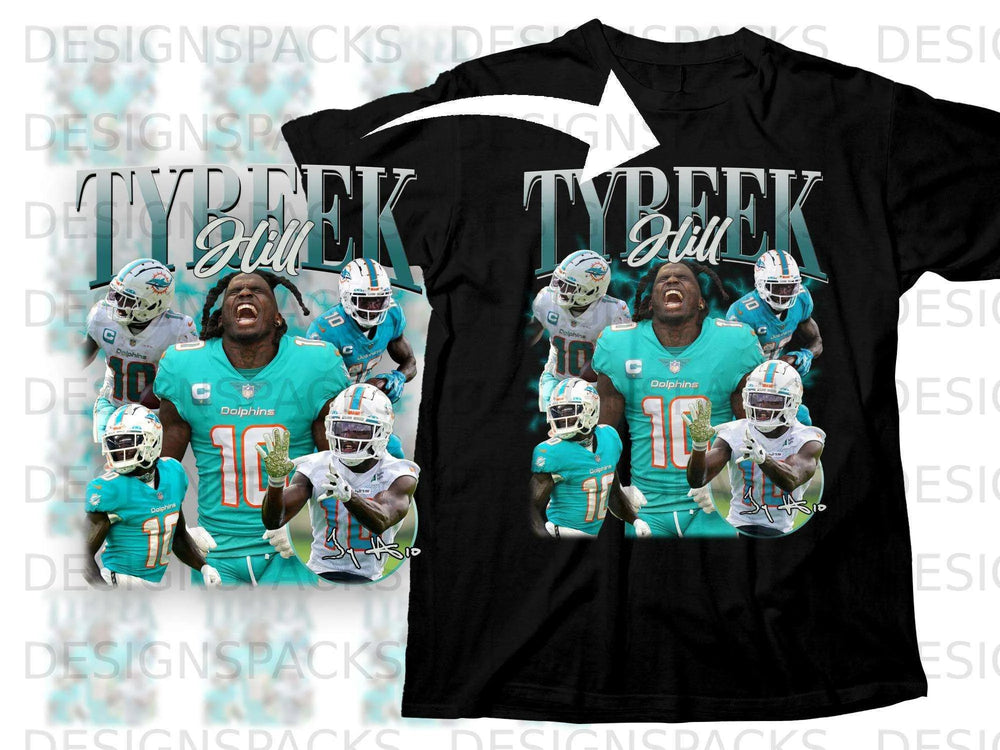 Tua Tagovailoa and Tyreek Hill in Dolphins jerseys on a black t-shirt.