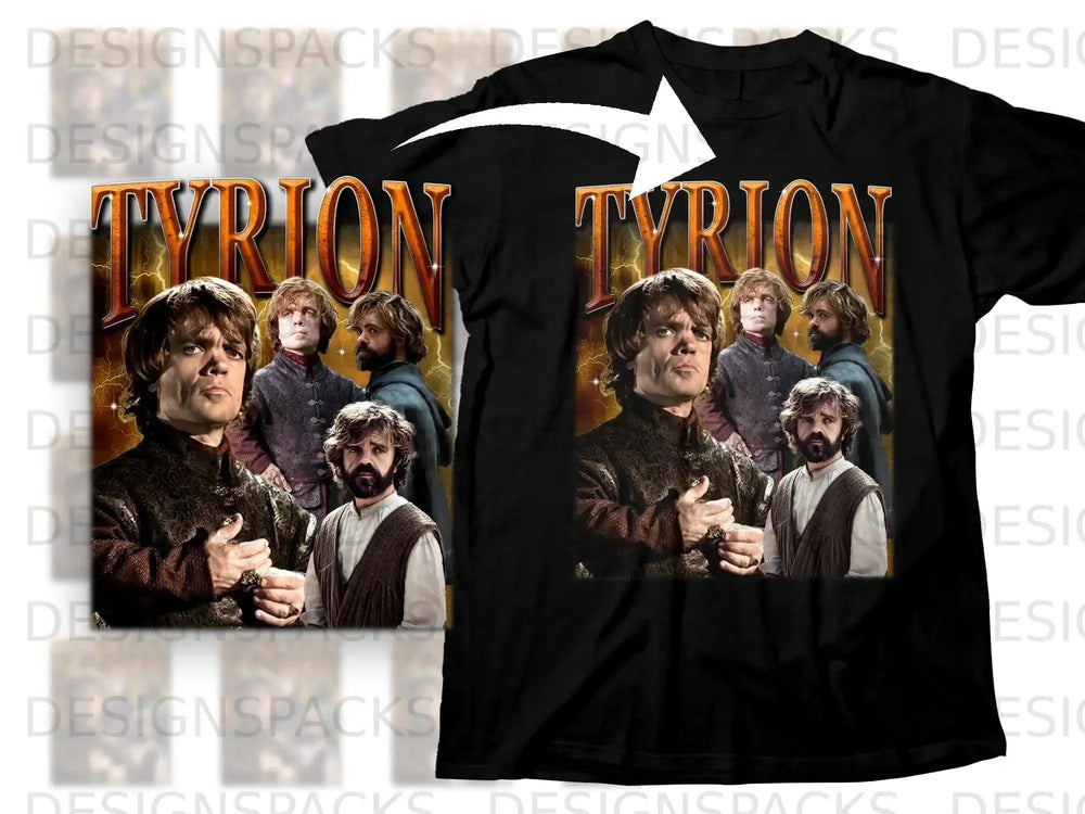 Black t-shirt featuring Tyrion Lannister collage from Game of Thrones.