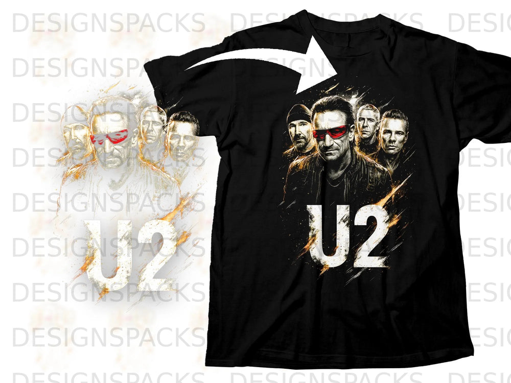 Black t-shirt with U2 band members and U2 logo graphic.