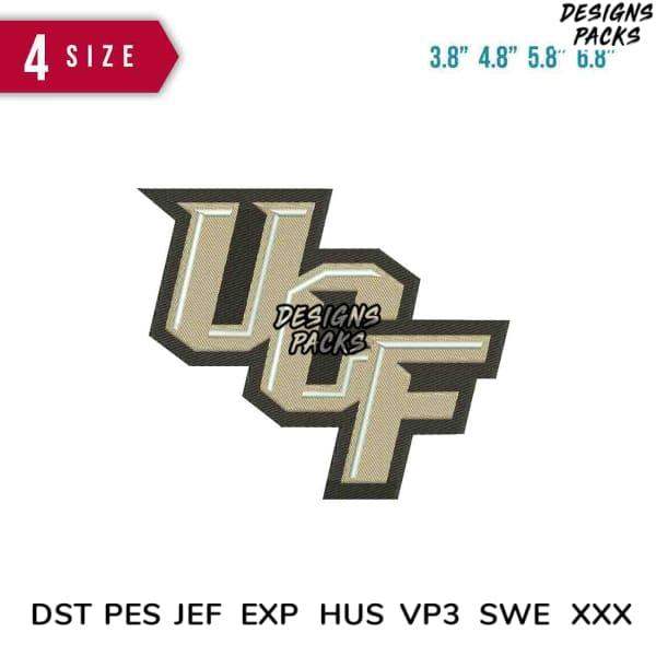 UCF embroidered design in 4 sizes, compatible with DST PES JEF formats for machine embroidery projects.