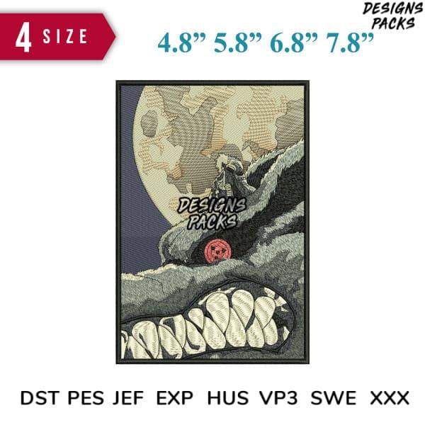 Embroidery design of monster mouth with moon, available in 4 sizes and multiple formats like PES, DST, EXP