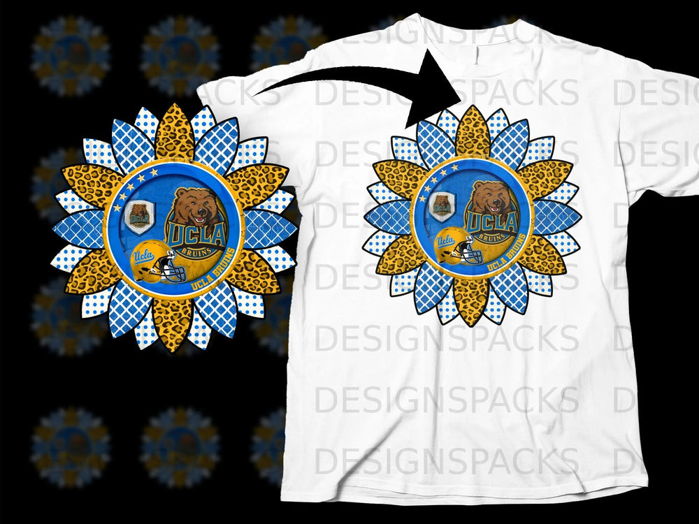 Sunflower graphic with UCLA Bruins logo and helmet on a white t-shirt.