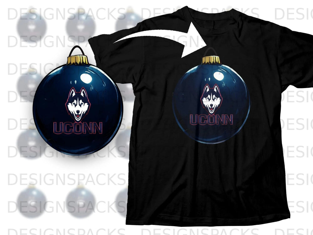 Black t-shirt featuring a navy blue ornament with a husky logo and "UCONN" text.