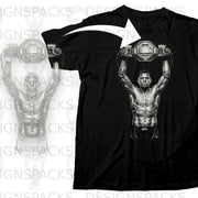 UFC fighter holds championship belt overhead on black t-shirt graphic.