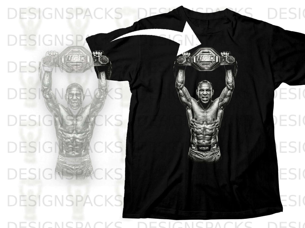 Black t-shirt with graphic of fighter holding UFC belt, Venum shorts.