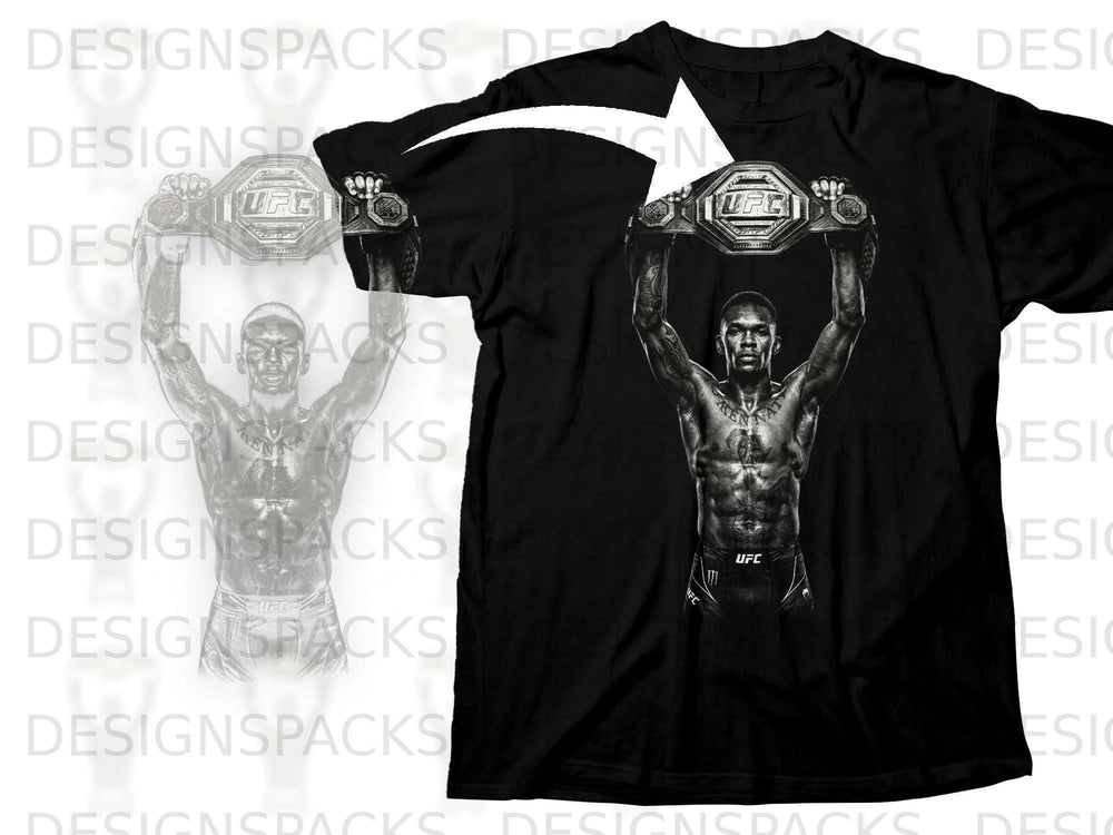 Black t-shirt featuring a graphic of a muscular man holding a UFC championship belt.