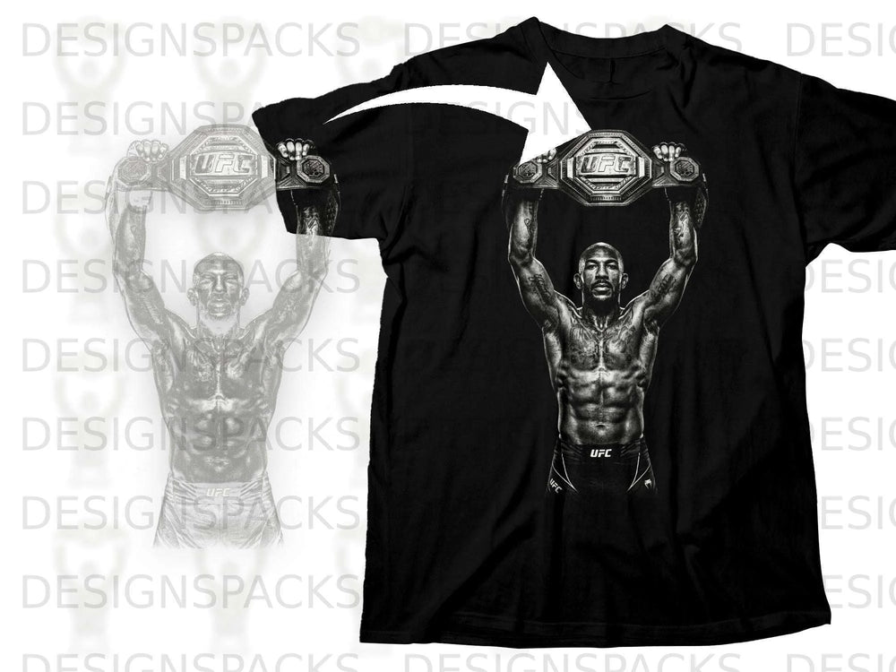 Black t-shirt with graphic of fighter holding UFC belt overhead.