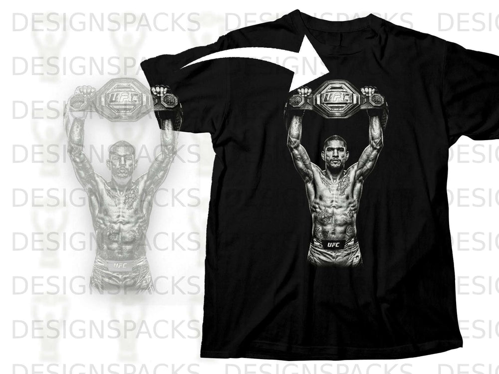 Black t-shirt with fighter holding UFC championship belt.