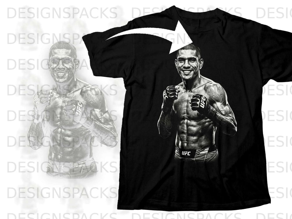 Black t-shirt with a graphic of a smiling UFC fighter in boxing gloves.