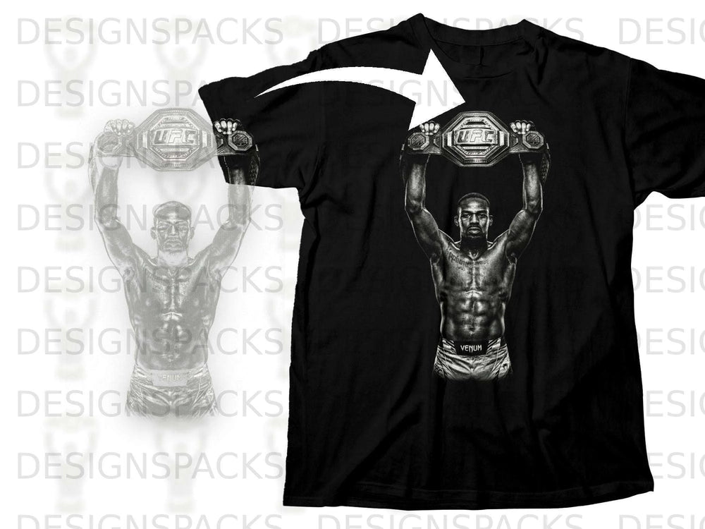 Black t-shirt with a UFC fighter holding up two championship belts.