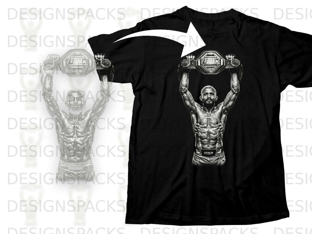 Black t-shirt with a detailed illustration of a muscular fighter holding a UFC championship belt.