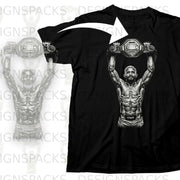 Black t-shirt with a detailed illustration of a muscular fighter holding a UFC championship belt.