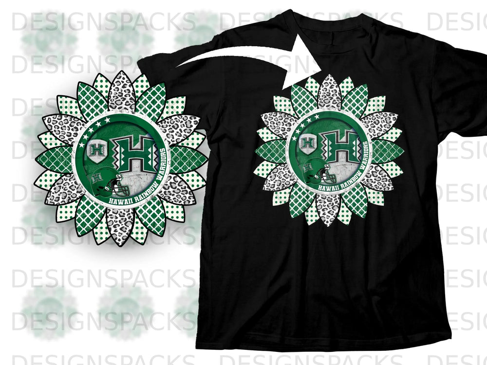 Sunflower design with Hawaii Rainbow Warriors logo on black t-shirt.