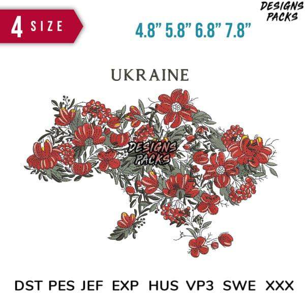 Ukraine map floral embroidery design in red flowers, available in multiple sizes and formats for instant download.
