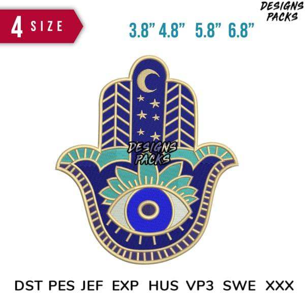 Blue Hamsa hand embroidery design with eye, moon, stars; available in 4 sizes & multiple formats