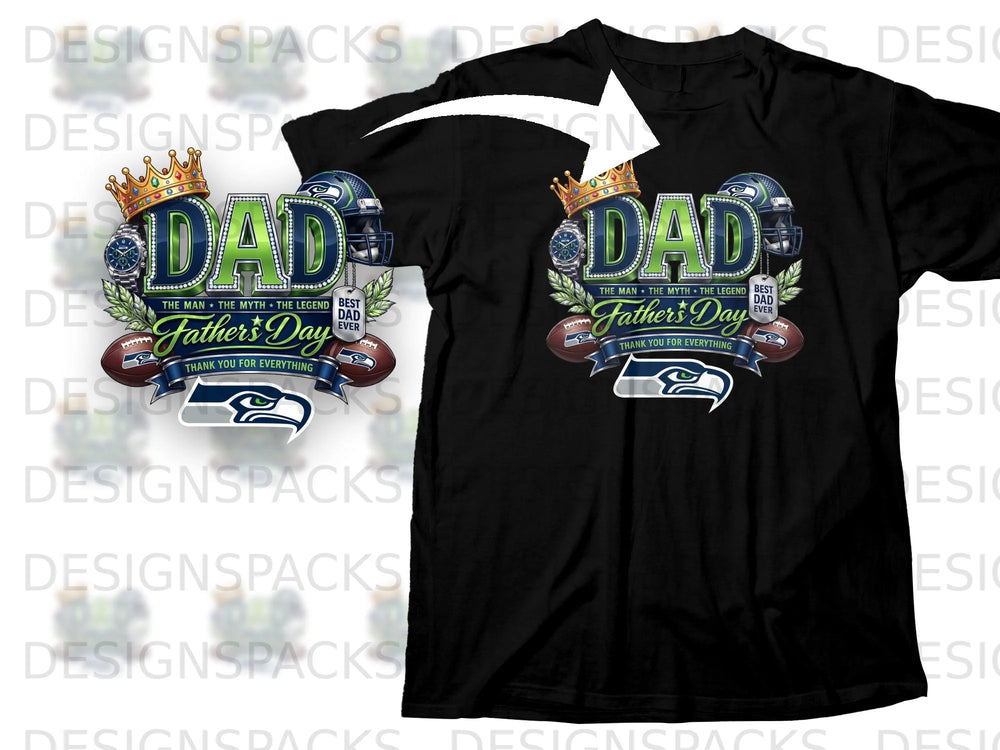 Black t-shirt with "Dad Father's Day" design featuring Seattle Seahawks elements and football.