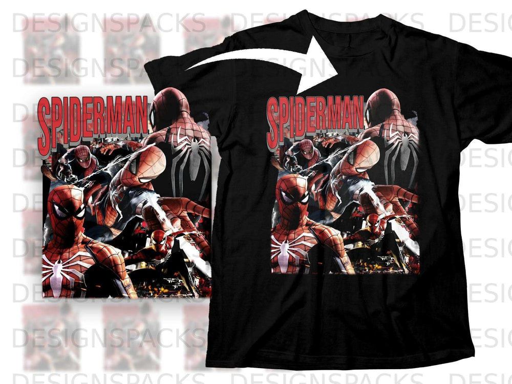 Black t-shirt with Spiderman collage print.