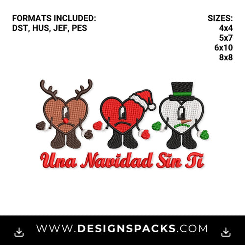Una Navidad Sin Ti Bad Bunny Hearts Embroidery Design - Instant digital download pattern at Designspacks.com