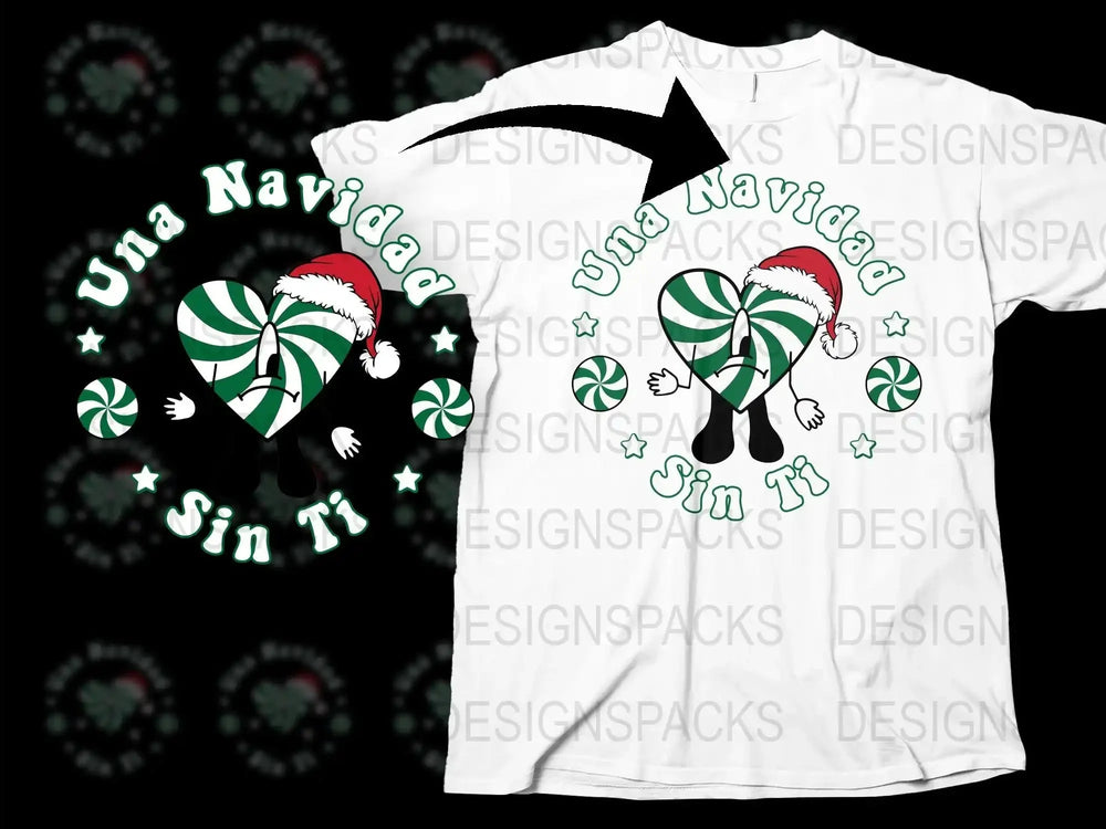 Festive Christmas T-Shirt 'Sha Navidad Sin Ti' Candy Cane Heart Design Holiday Apparel