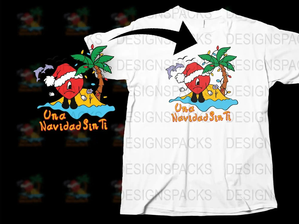Festive Christmas T-Shirt, Tropical Santa Design, 'Una Navidad Sin Ti' Text, Holiday Apparel Gift