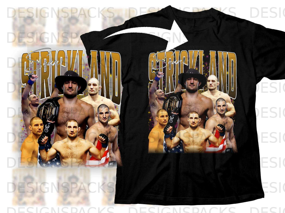Sean Strickland UFC fighter in black t-shirt with hat and graphic.