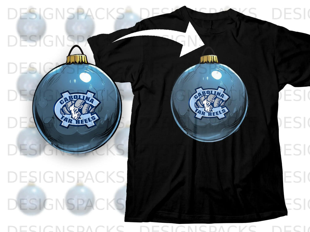 Carolina Tar Heels ornament graphic on a black t-shirt with a white arrow.
