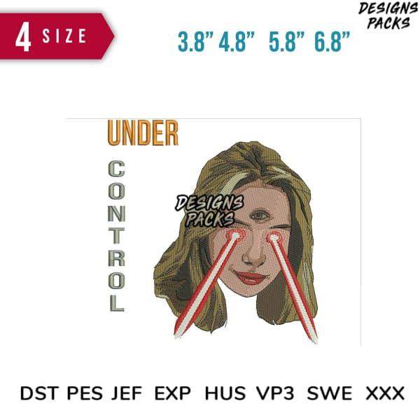 Under Control embroidery design with laser eyes, available in 4 sizes & multiple formats for instant download