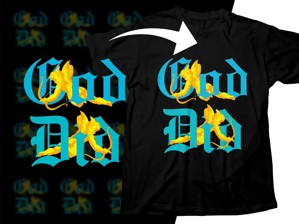 Bad Dad t-shirt design with blue gothic text and yellow cherubs, print-ready for DTG/DTF