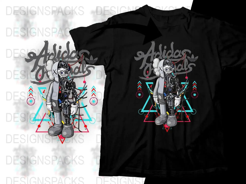Robotic character design on black t-shirt with geometric patterns and Adidas Originals text