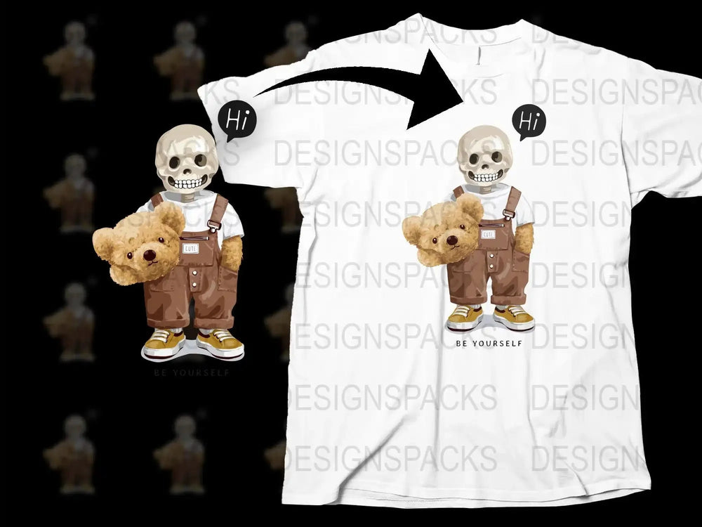 Unique Skeleton Kid with Bear Graphic Tee Png Digital Download