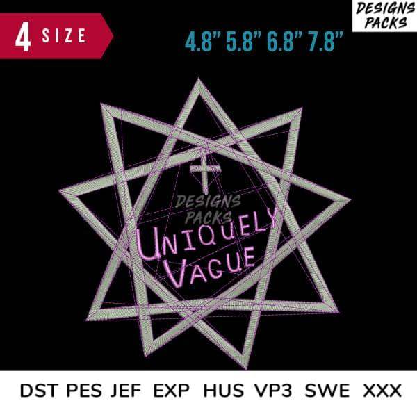 Embroidery design with geometric star and text 'Uniquely Vague' in multiple sizes and formats
