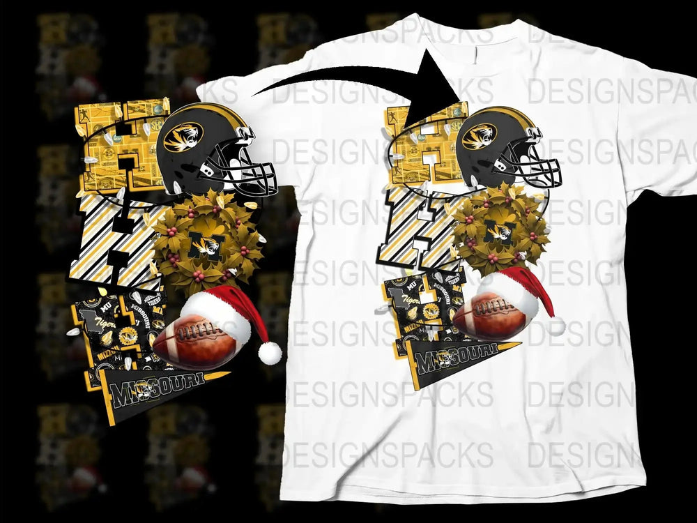Missouri Tigers Football T-Shirt, Christmas Helmet Design, Holiday Sports Apparel, Festive College Fan Gear