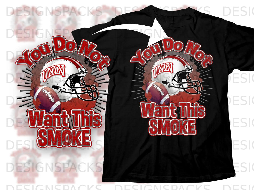 Black t-shirt with UNLV football helmet, footballs, and text "You Do Not Want This Smoke".