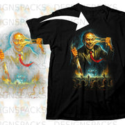Horror t-shirt graphic with terrifying man pulling his face, holding a knife.