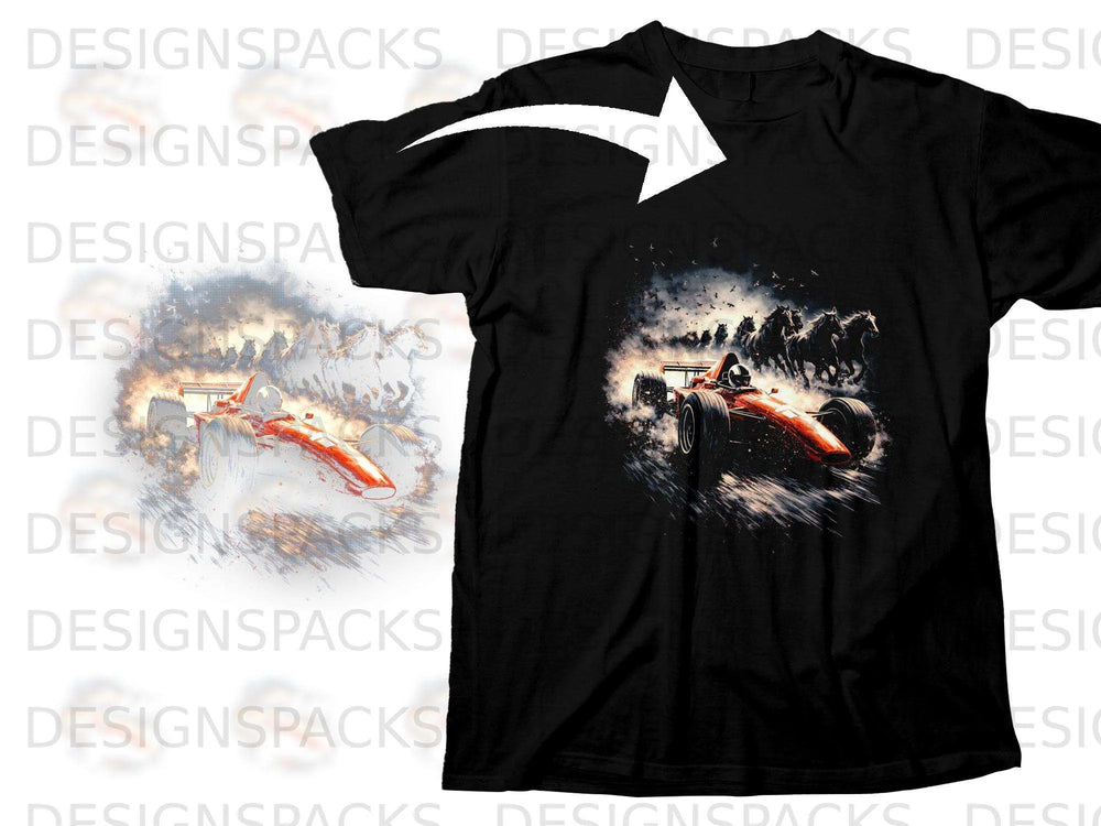 Black t-shirt with graphic of a red race car with running horses.