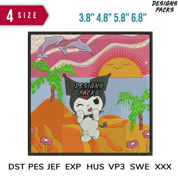 Cute cartoon character embroidery design with dolphins, palm trees, sunset. Available in PES, DST, EXP formats.