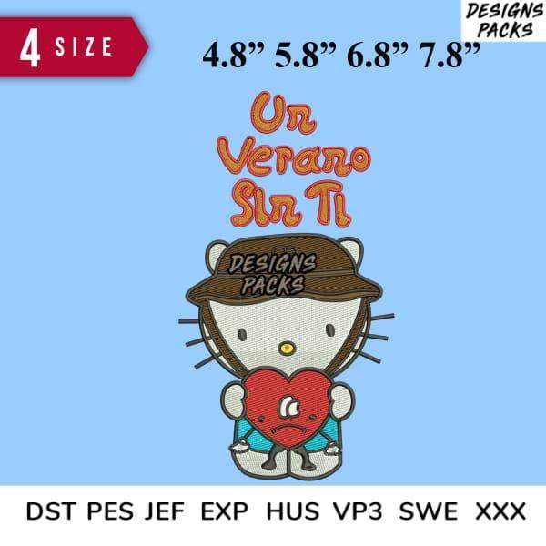 Cute Hello Kitty embroidery design holding broken heart, 'Un Verano Sin Ti' text, 4 sizes, DST PES formats