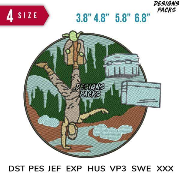 Embroidery design of Yoda doing handstand in forest, 4 sizes, DST PES JEF formats