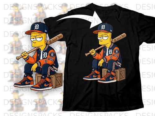 Bart Simpson wearing Detroit Tigers apparel, holding a baseball bat on a crate.