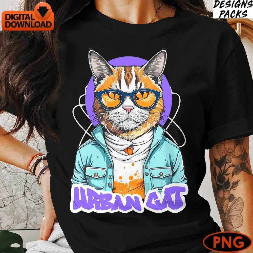 Urban Cat Png Hipster With Glasses Digital Art Stylish Cool Download Vibrant Illustration Lover
