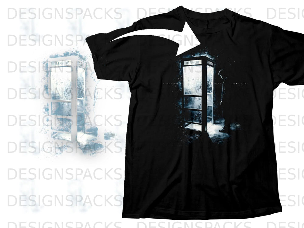 Black t-shirt featuring a graphic of a silhouette in a telephone booth.
