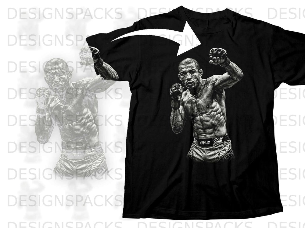Black t-shirt with graphic of a muscular fighter in fighting stance.