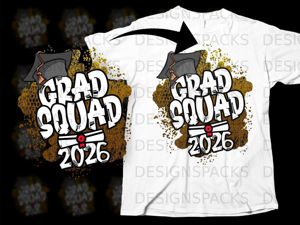 Grad Squad 2026 graduation design with mortarboard and diploma.
