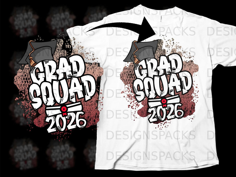 Grad Squad 2026 graduation cap and diploma graphic with distressed effect.