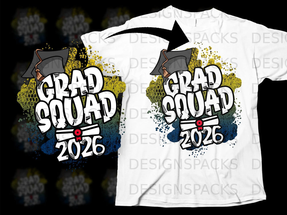 "Grad Squad 2026" text with graduation caps and scroll graphic on a t-shirt.