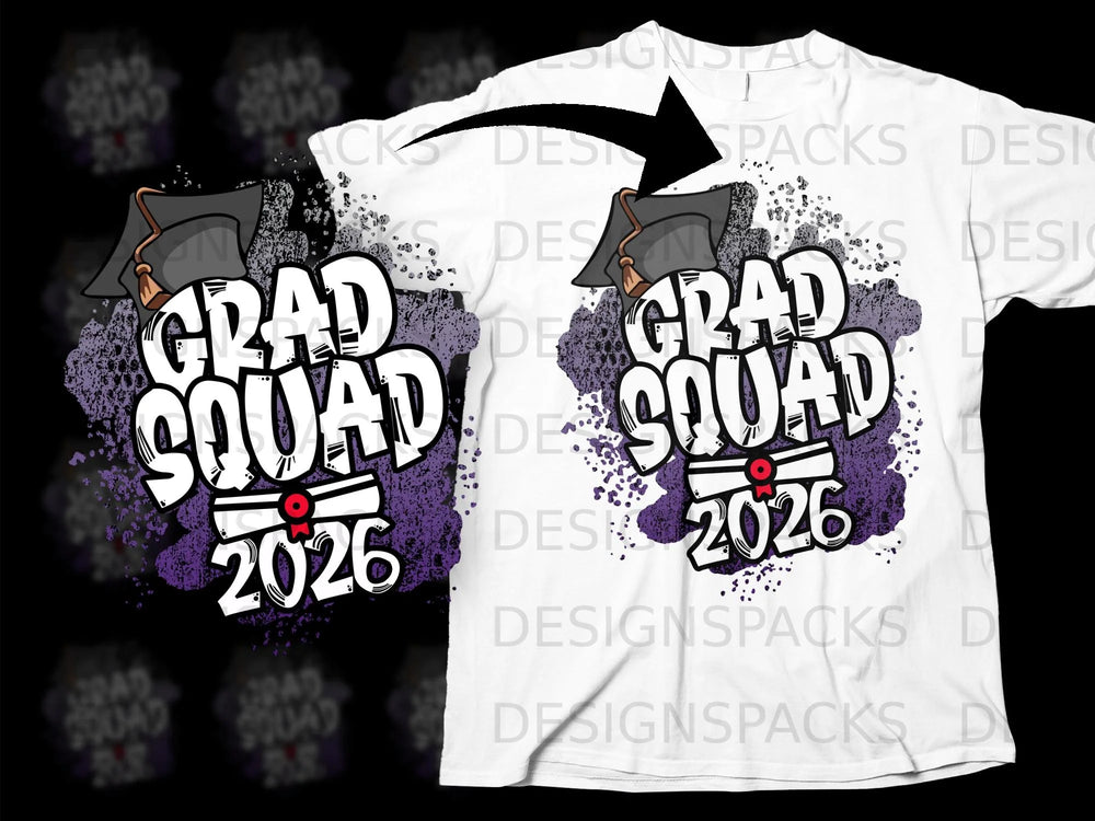 "Grad Squad 2026" text design with graduation cap and diploma graphic.