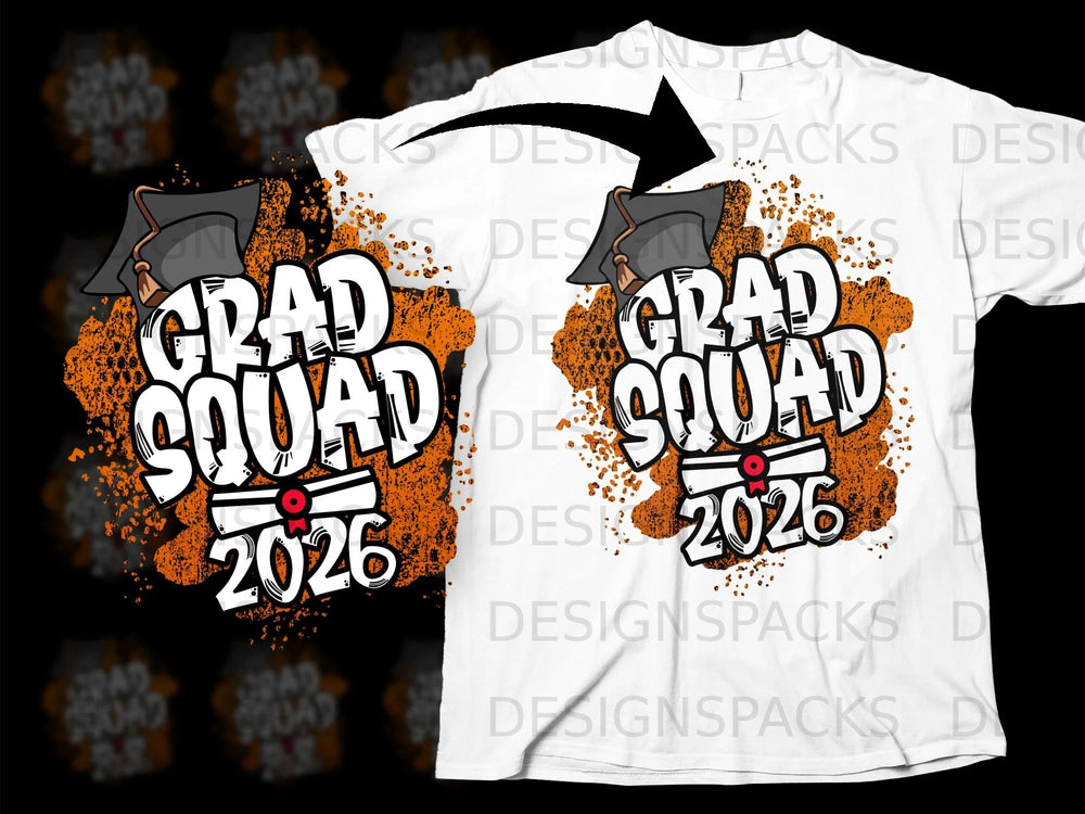 White t-shirt with "GRAD SQUAD 2026" text and graduation cap graphic.
