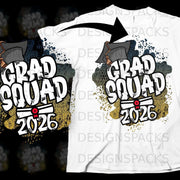 Grad Squad 2026 graphic with graduation cap and diploma on a white t-shirt.