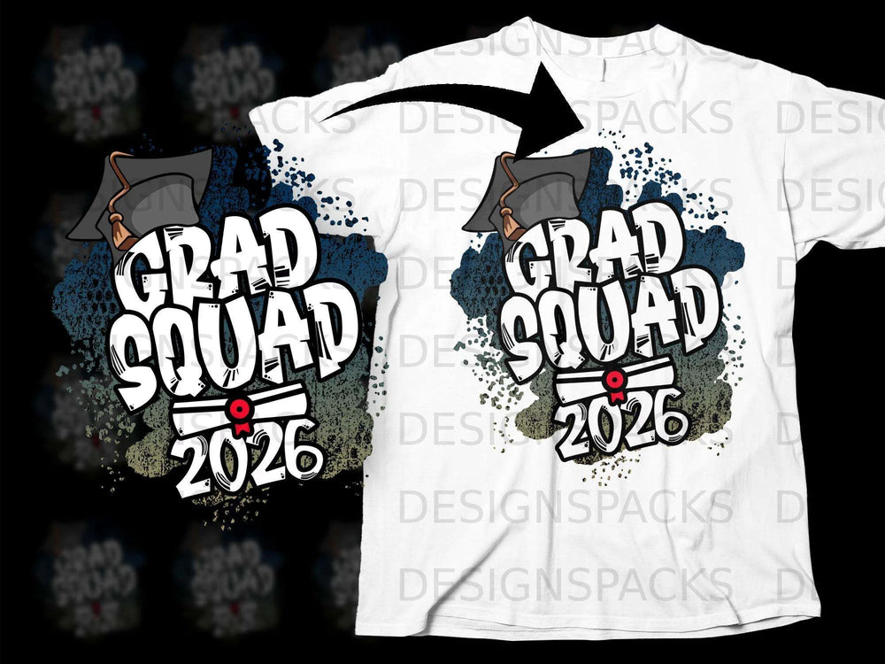 Grad Squad 2026 graphic on a white t-shirt with a black graduation cap.