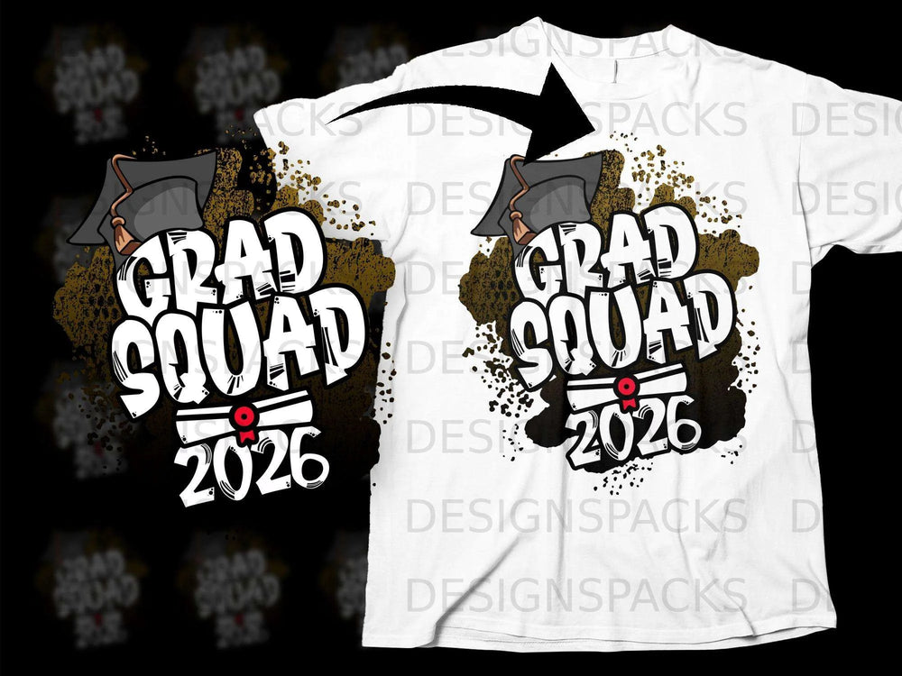 White t-shirt with "GRAD SQUAD 2026" graphic and graduation cap.